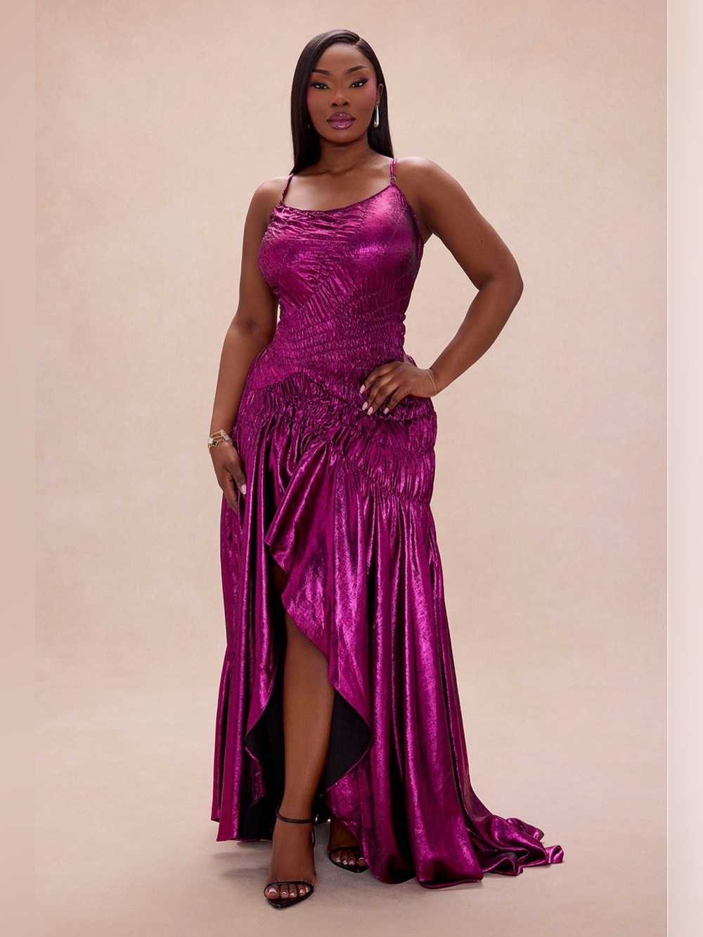 Metallic Plum Ruched High-Low satin Slip Dress - Picture 5 of 8